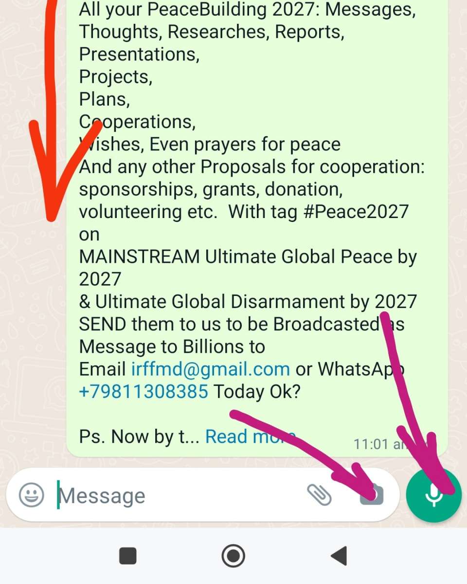 🎁 Want Global Peace by 2027? <br />Reply YOUR VOICE for #Peace2027 👍 NOW just SEND your: <br />Video, <br />Audio <br />or Word Text #Peace2027 1min+ message to the world 🌍<br />YOU CAN build PEACE today to not be shame for all your<br />DESCENDANTS <br />join 1B+ global campaign send your  message now to @Happy-Tv-News GPBNet Reply <br />All your PeaceBuilding 2027: Messages, Thoughts, Researches, Reports,<br />Presentations, <br />Projects, <br />Plans, <br />Cooperations,<br />Wishes, Even prayers for peace <br />And any other Proposals for cooperation: sponsorships, grants, donation, volunteering etc.  <br />With tag #Peace2027 on<br />MAINSTREAM Ultimate Global Peace by 2027 <br />& Ultimate Global Disarmament by 2027<br />SEND them to us to be Broadcasted as Message to Billions to <br />Email irffmd@gmail.com or WhatsApp +79811308385 Today Ok?<br /><br />Ps. Happy 1B+ global marathon 🌍 starts Please SHARE it<br /> ASK your friends and even your local or global LEADERS, Presidents etc. to send their Video Messages on #Peace2027 that TOGETHER we will get  victory of Ultimate Global Peace by 2027 for all 8B+ humans